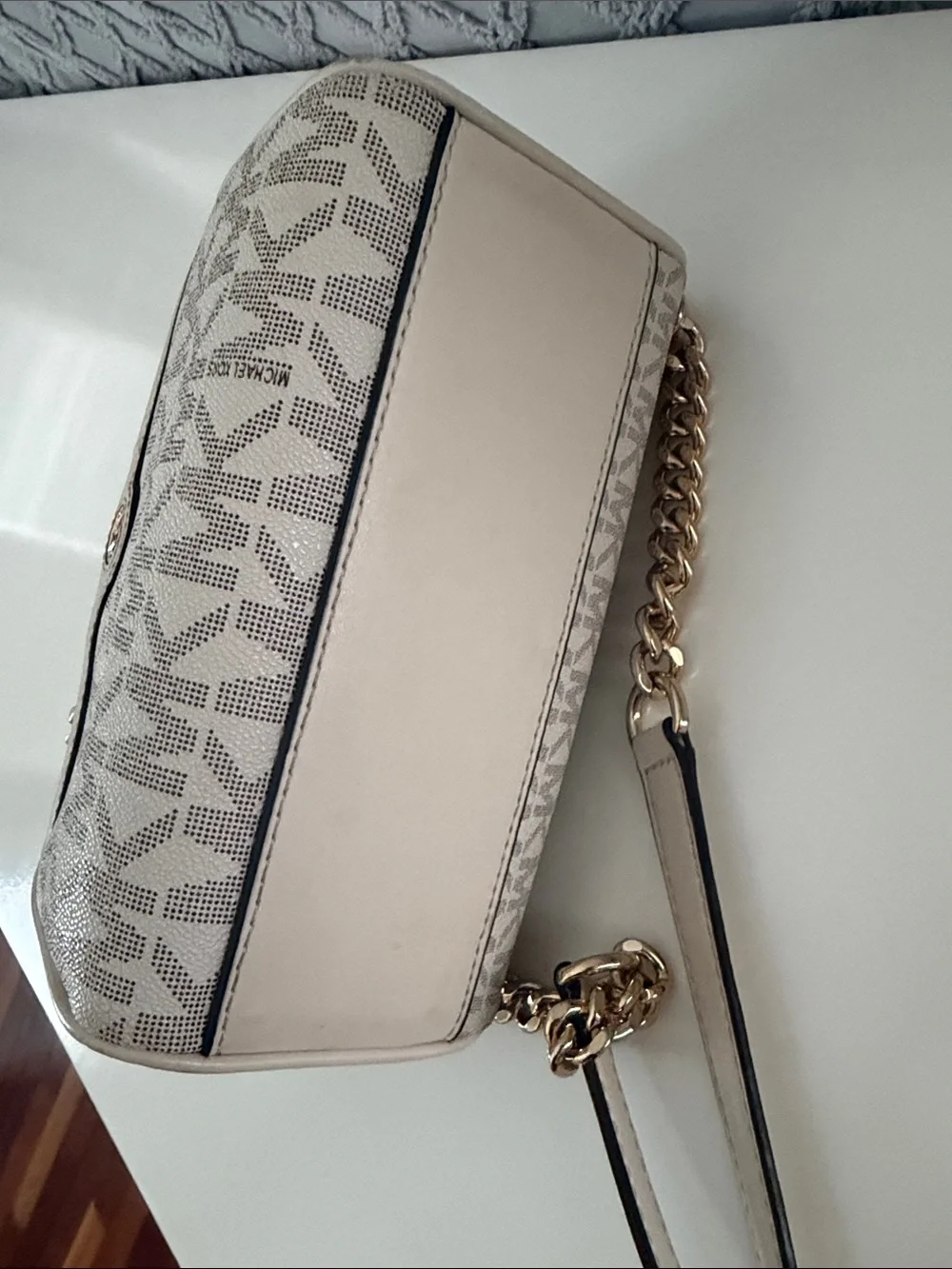 MICHAEL KORS Beige Logo Crossbody Satchel with Gold Hardware